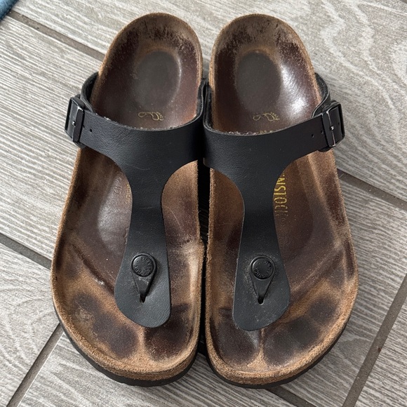 Birkenstock Gizeh Black Leather Thong Cork Buckle Sandals - Picture 2 of 7